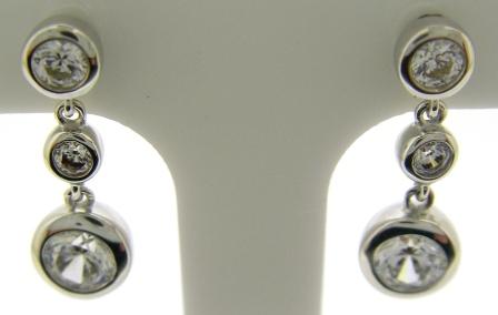 9ct White Gold Three Stone Round CZ Drop Earrings