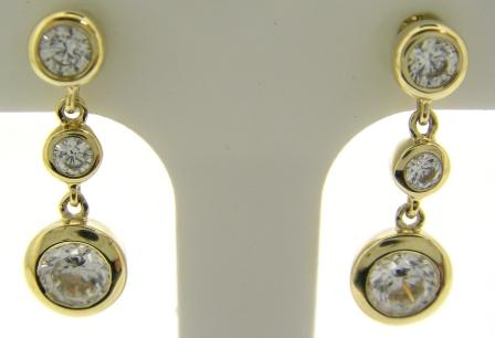 9ct Yellow Gold 3 Stone Round Rubover CZ Drop Earrings
