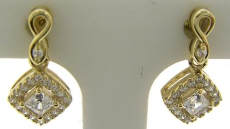 9ct Yellow Gold Square Cubic Zirconia Cluster Drop Earrings