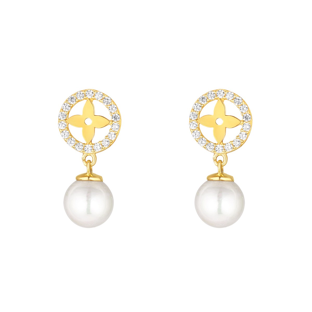 Sterling Silver Yellow Gold Plated Cubic Zirconia Flower & Fresh Water Pearl Drop Earrings