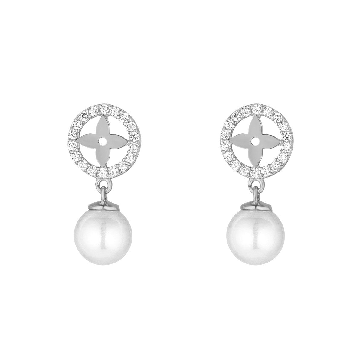 Sterling Silver Cubic Zirconia Flower & Fresh Water Pearl Drop Earrings