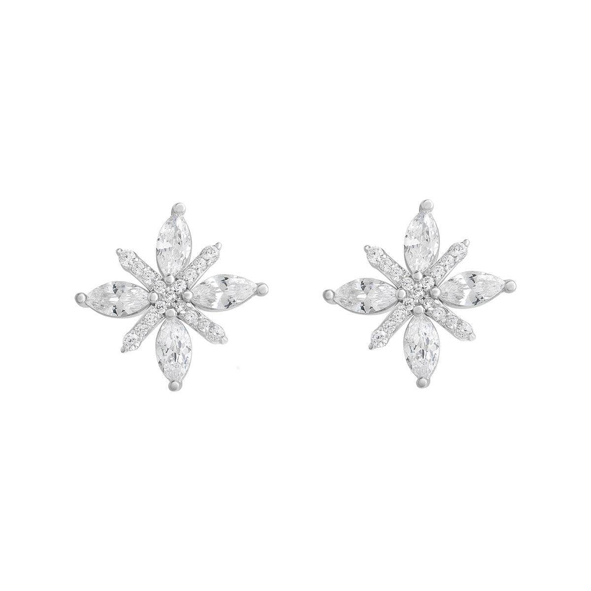 Sterling Silver Cubic Zirconia Marquise Flower Stud Earrings