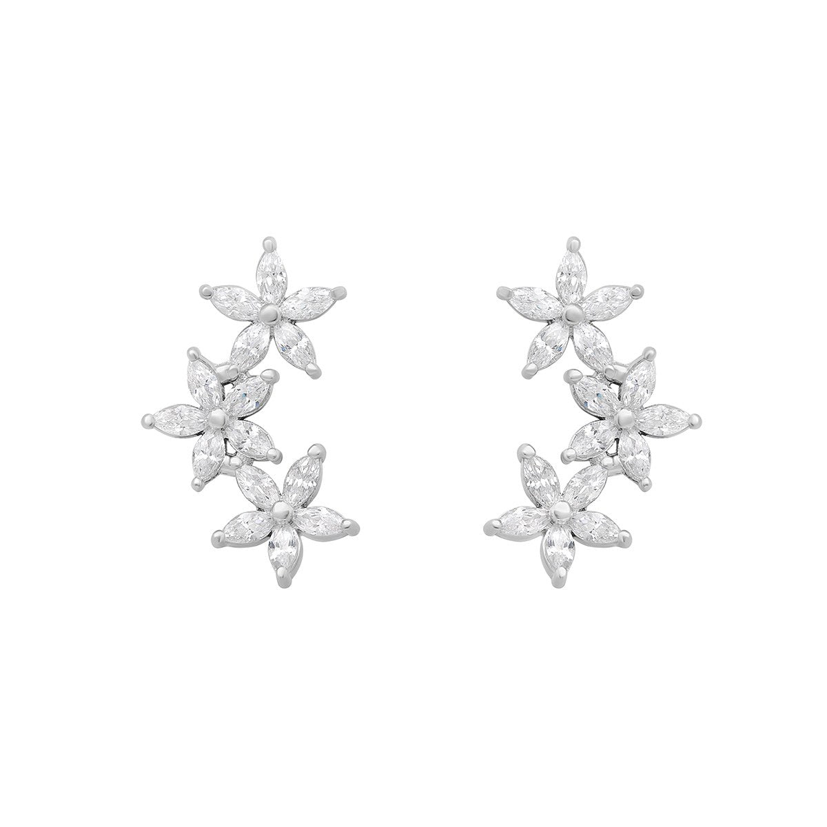 Sterling Silver 3 Flower Cubic Zirconia Climber Stud Earrings