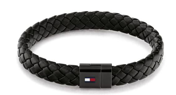 Tommy Hilfiger Mens Black Leather Braided Bracelet