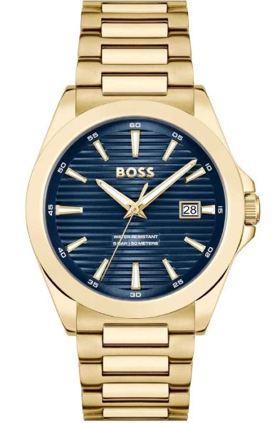 Hugo Boss Gents Strike Quartz Watch 41mm Yellow Gold Plated Blue Dial