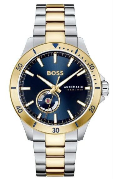 Hugo Boss Gents Troper Automatic Watch 42mm Blue Open Heart Dial with Stainless Steel and Yellow Gold Plated Bracelet