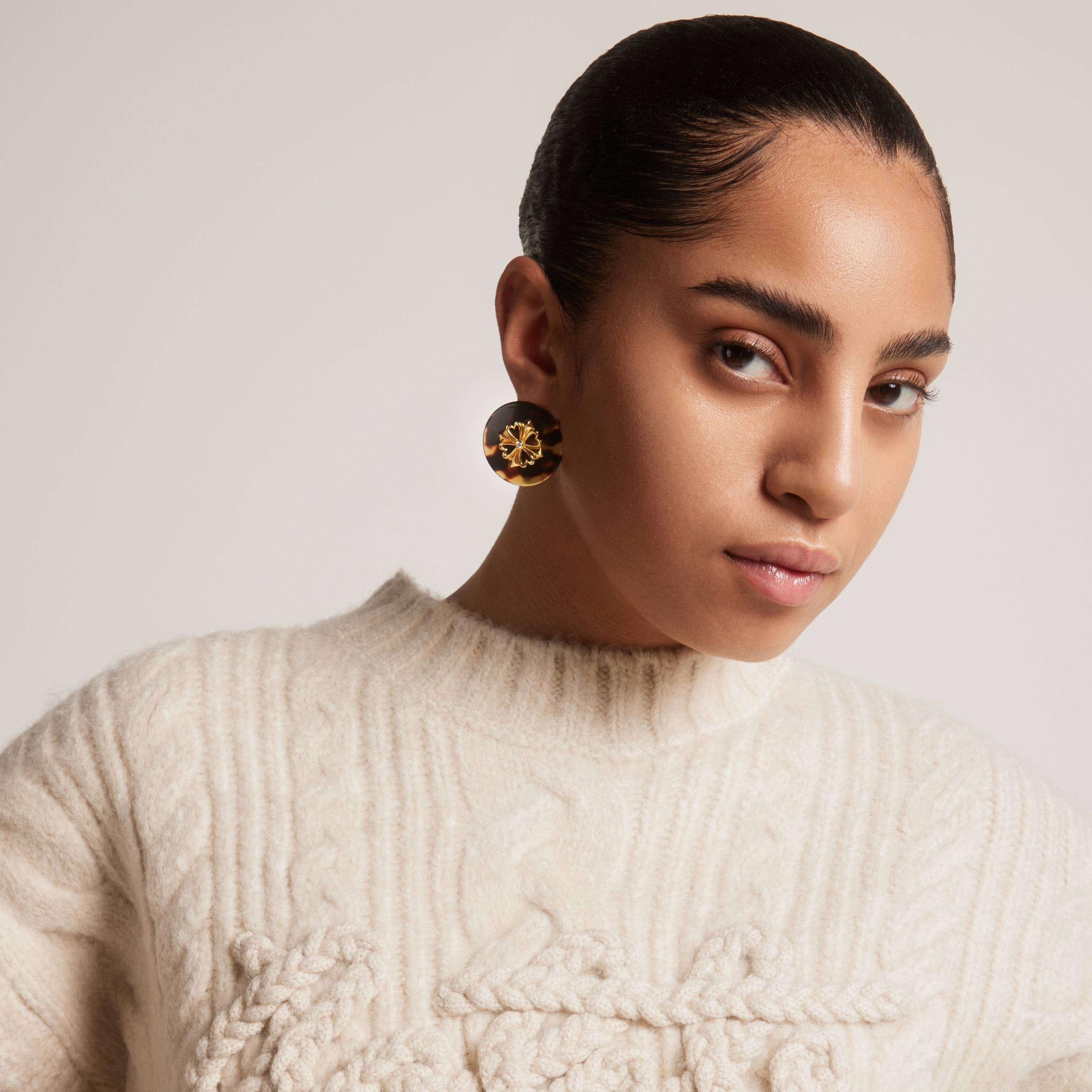 Ti Sento Sterling Silver Yellow Gold Plated Tortoise Look with Centre Cubic Zirconia Clover Design Earrings