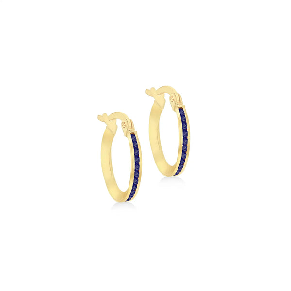 9ct Yellow Gold 14mm Channel Blue Cubic Zirconia Hoop Earrings