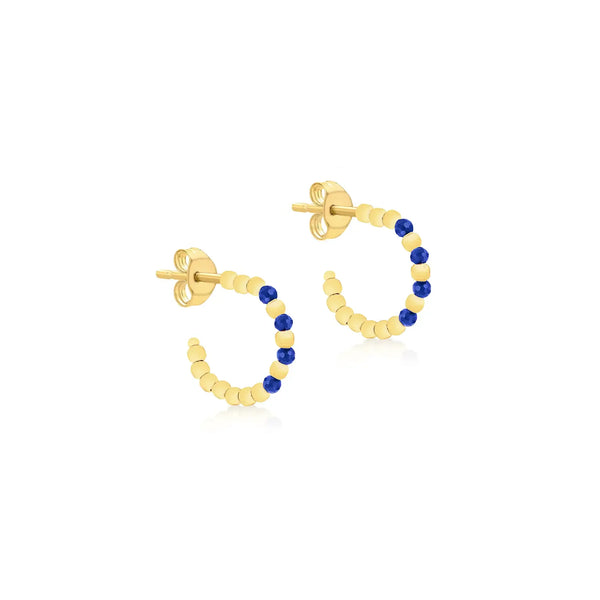 9ct Yellow Gold Bead Synth Blue Spinel Half Hoop Earrings