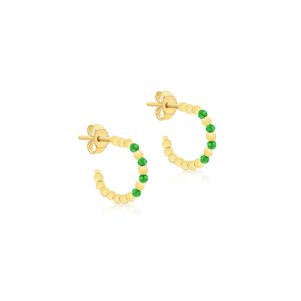 9ct Yellow Gold Bead Synth Green Cubic Zirconia Half Hoop Earrings