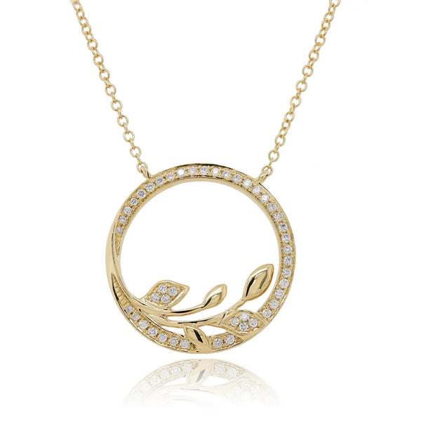 9ct Yellow Gold Diamond Leaf Circle Pendant Necklace