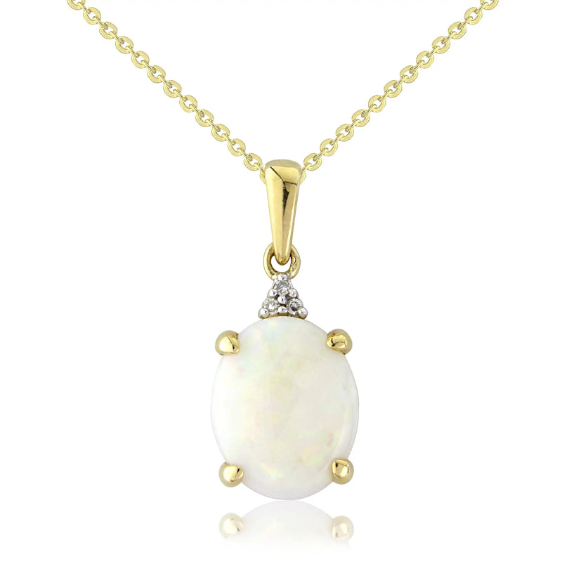 9ct Yellow Gold Diamond & Opal Oval Pendant Necklace