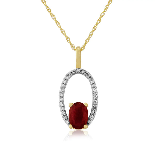 9ct Yellow Gold Diamond & Ruby Halo Pendant Necklace