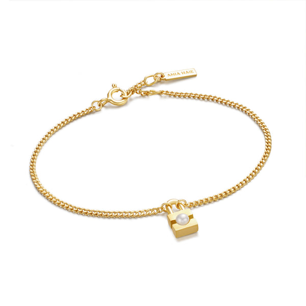 Ania Haie Shiny Gold Gold Pearl Padlock Bracelet