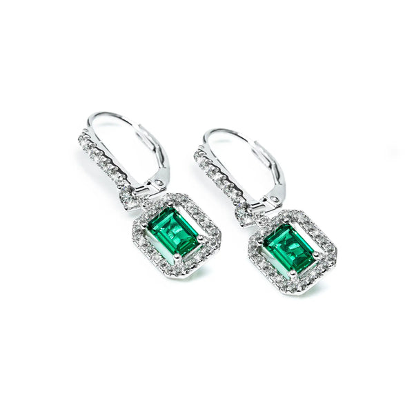 Moxie Emerald Green Borderset Drop Earrings White Gold Plated