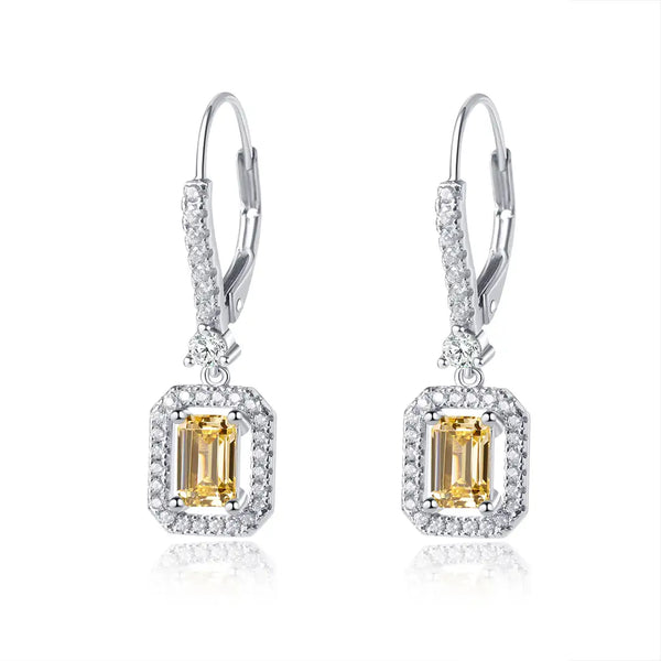 Moxie Yellow Emerald Borderset Drop Earrings White Gold Plated