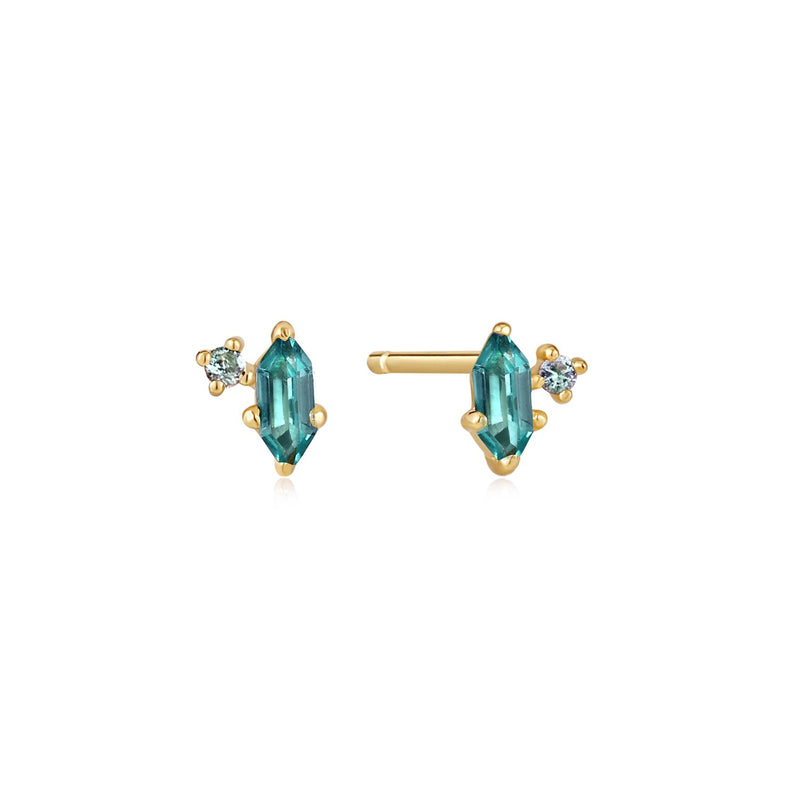 Ania Haie Shiny Gold Teal Sparkle Emblem Stud Earrings