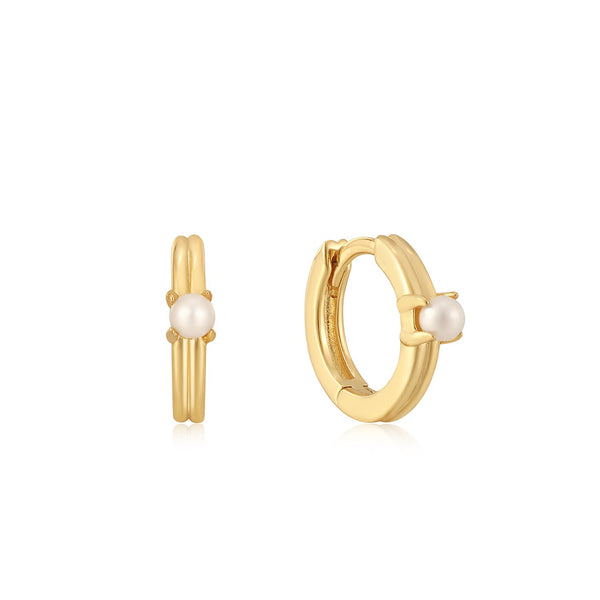 Ania Haie Shiny Gold Pearl Cabochon Huggie Hoop Earrings