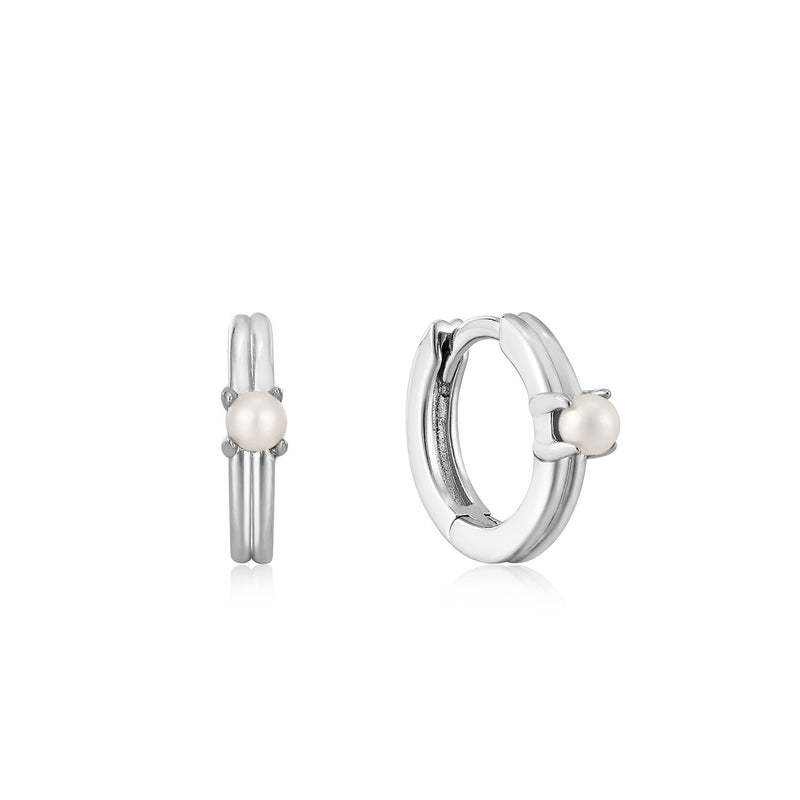 Ania Haie Rhodium Pearl Cabochon Huggie Hoop Earrings