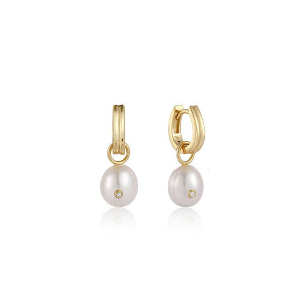 Ania Haie Shiny Gold Pearl Drop Sparkle Huggie Hoop Earrings 