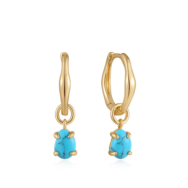 Ania Haie Shiny Gold Turquoise Drop Wave Huggie Hoop Earrings