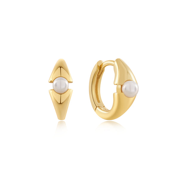 Ania Haie Shiny Gold Gold Pearl Geometric Huggie Hoop Earrings