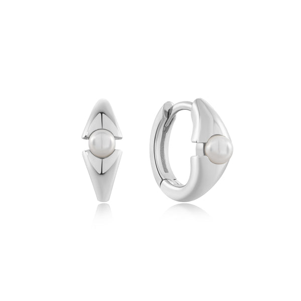 Ania Haie Rhodium Silver Pearl Geometric Huggie Hoop Earrings