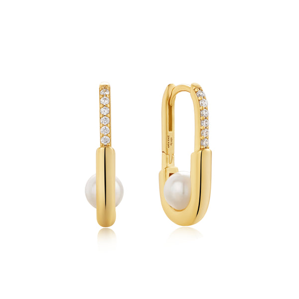 Ania Haie Shiny Gold Gold Pearl Interlock Oval Hoop Earrings