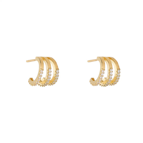 9ct Yellow Gold 3 Row Cubic Zirconia 1/2 Hoop Earrings