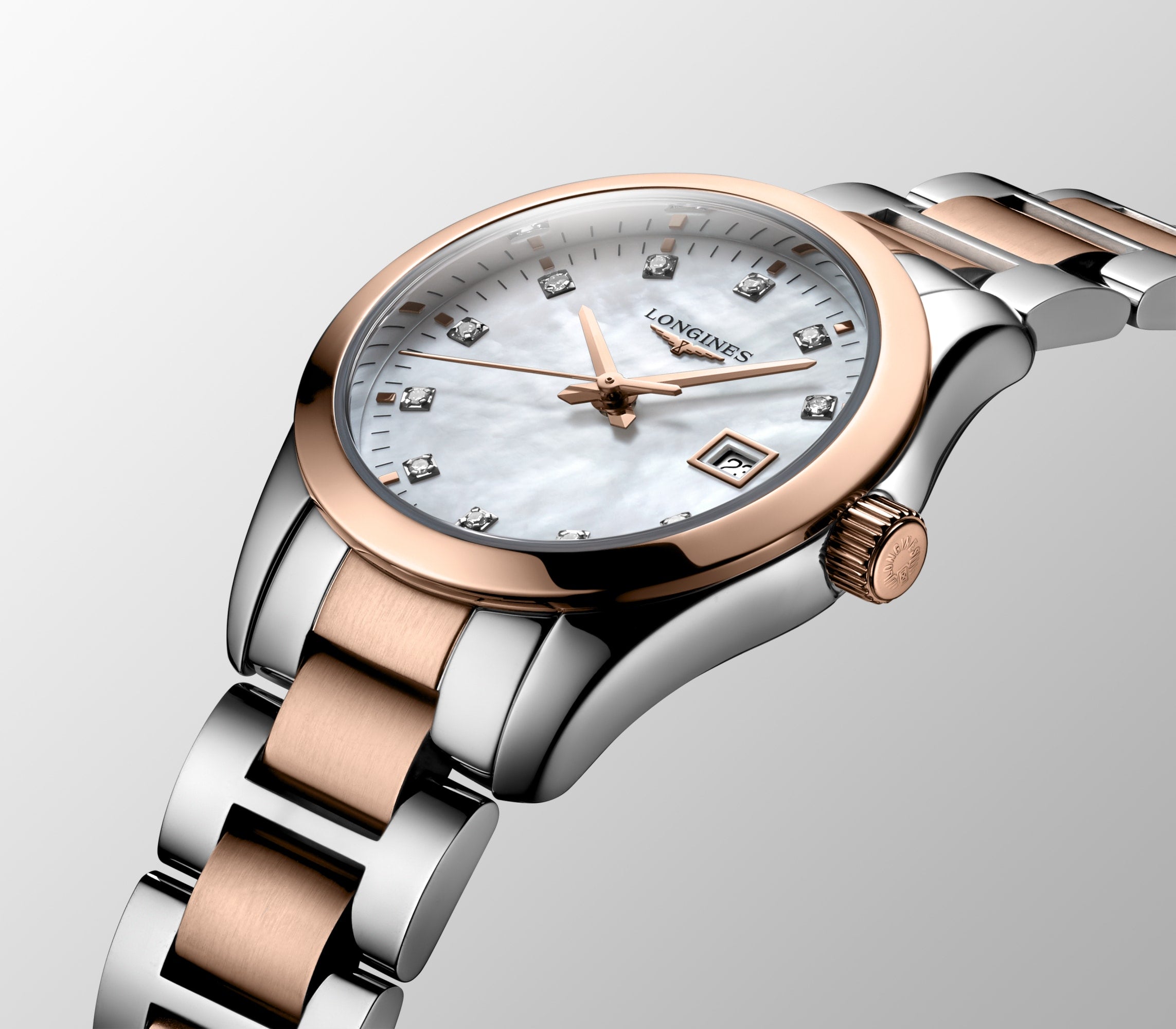 Longines Ladies Conquest Classic Quartz Watch 29.5mm Steel & Rose Gold PVD with Diamond Hour Markers