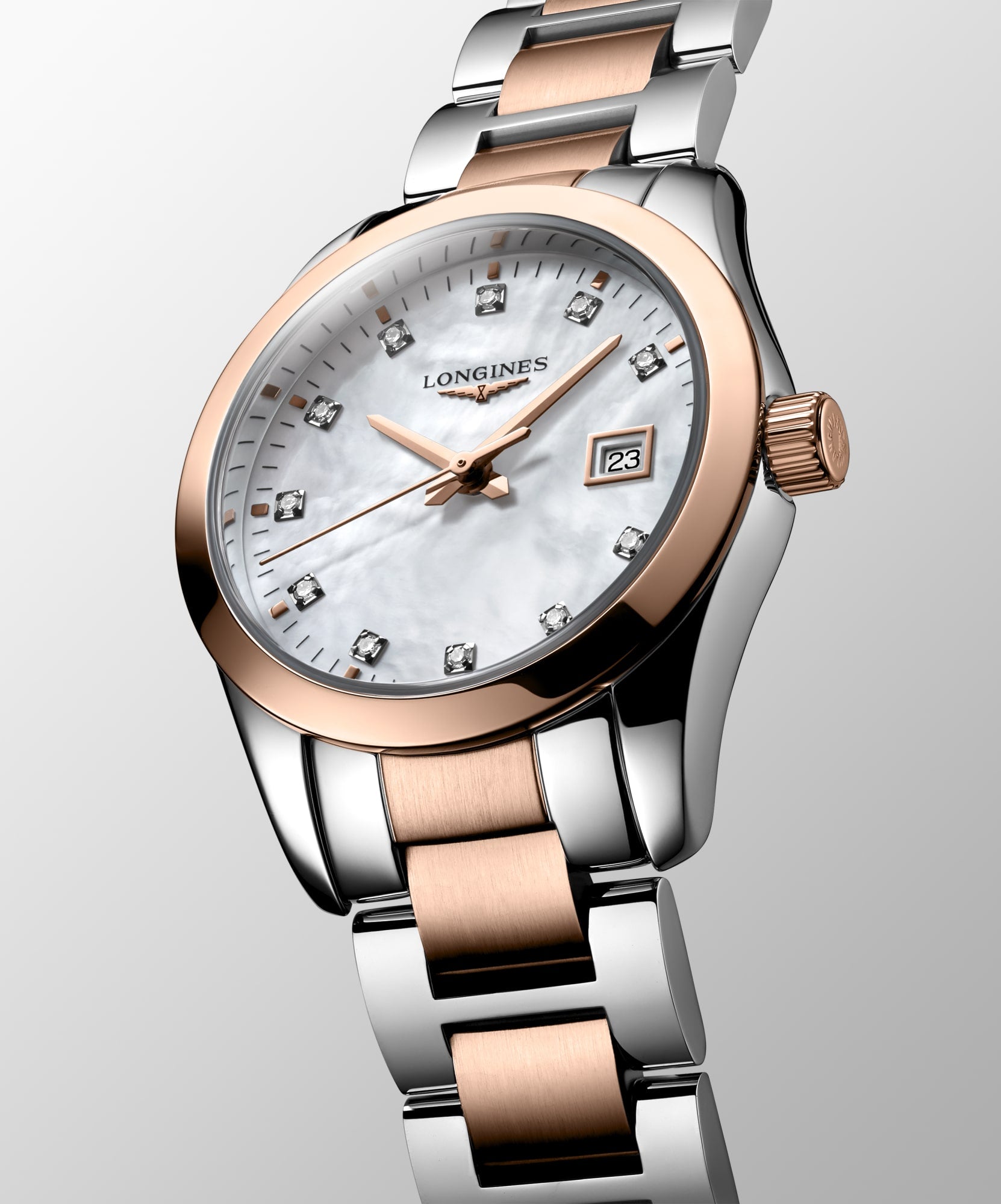 Longines Ladies Conquest Classic Quartz Watch 29.5mm Steel & Rose Gold PVD with Diamond Hour Markers