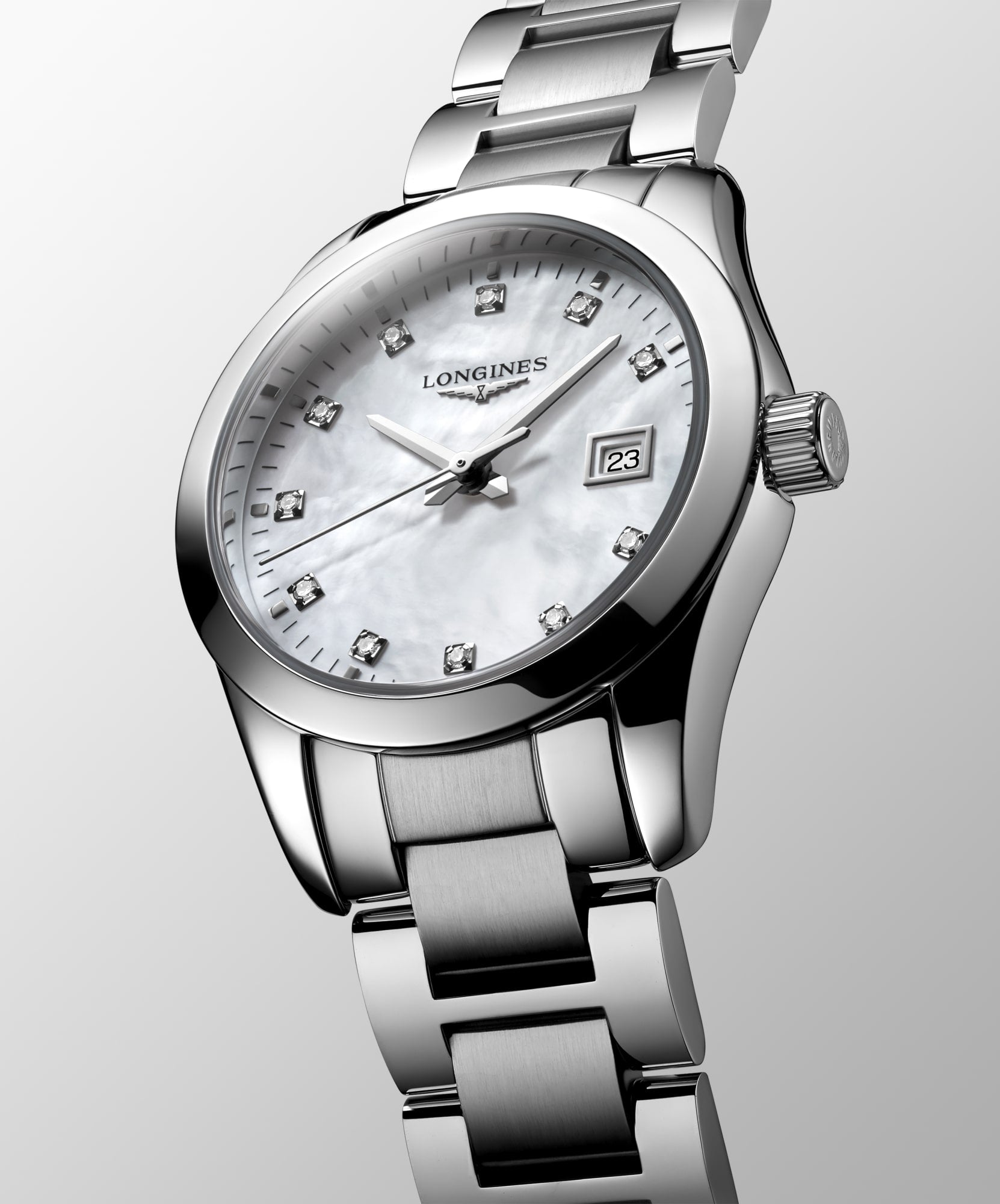 Longines Ladies Conquest Quartz Watch 29.5mm Mother of Pearl Dial with Diamond Hour Markers