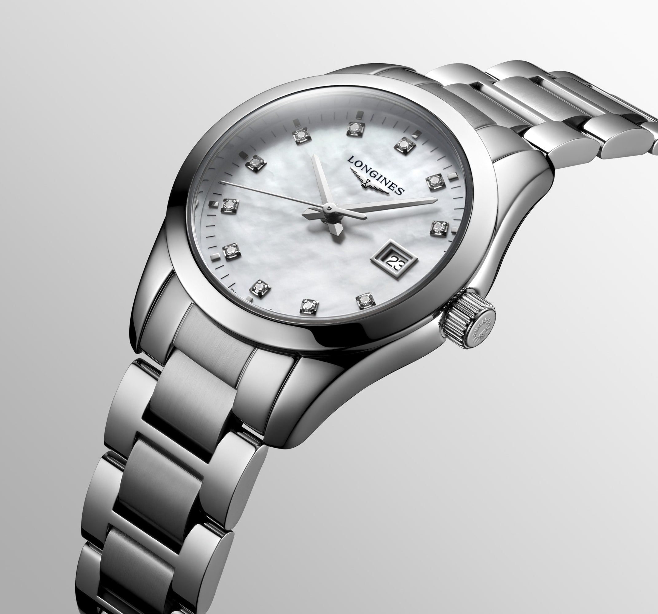 Longines Ladies Conquest Quartz Watch 29.5mm Mother of Pearl Dial with Diamond Hour Markers