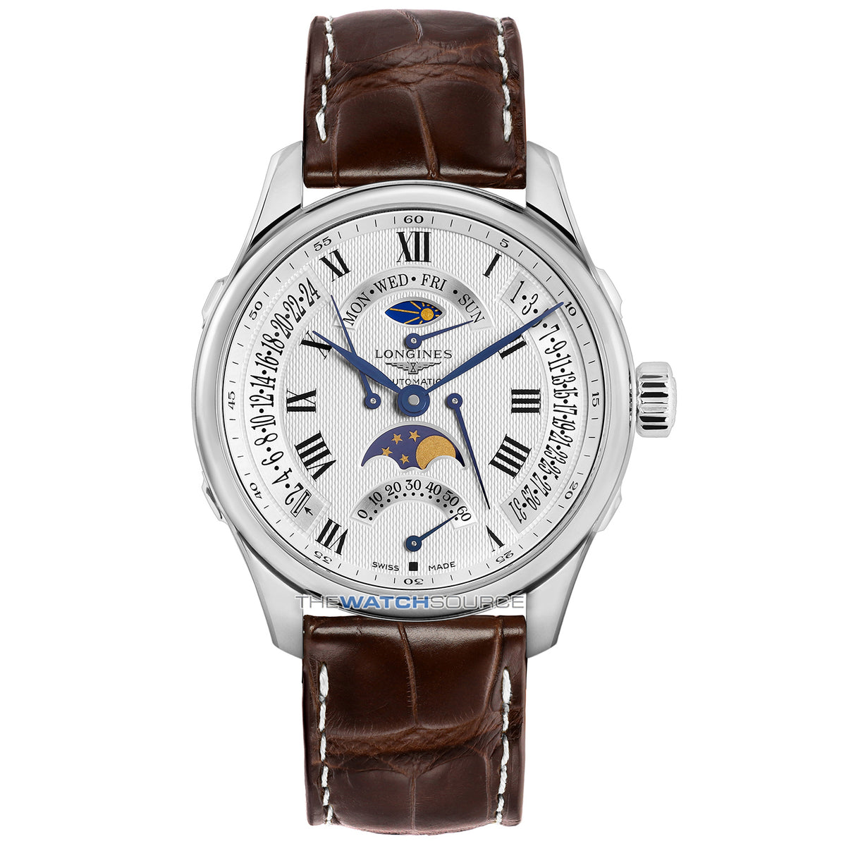 Longines Master Collection Retrograde 44mm Silver Barleycorn Dial Automatic Moon Phase Mens Watch