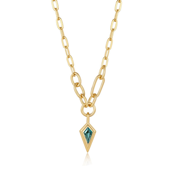 Ania Haie Shiny Gold Teal Sparkle Drop Pendant Chunky Chain Necklace