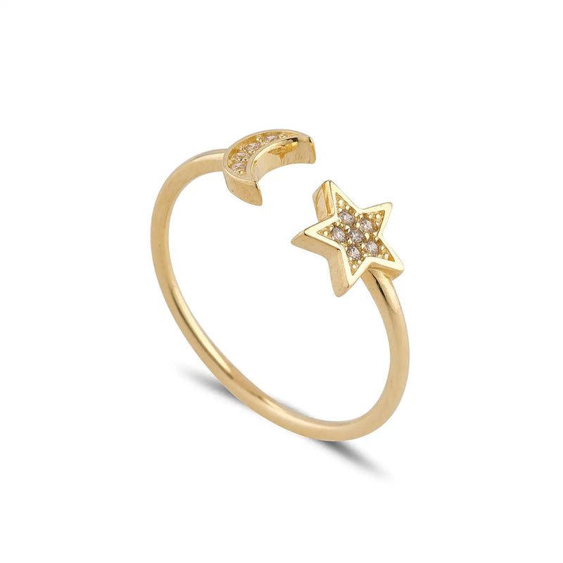 9ct Yellow Gold Cubic Zirconia Star & 1/2 Moon Ring - Size L