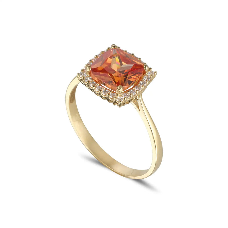 9ct Yellow Gold Cush Fire Opal/Cubic Zirconia Ring - Size L 1/2