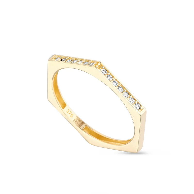 9ct Yellow Gold Hexagonal Cubic Zirconia Ring - Size N