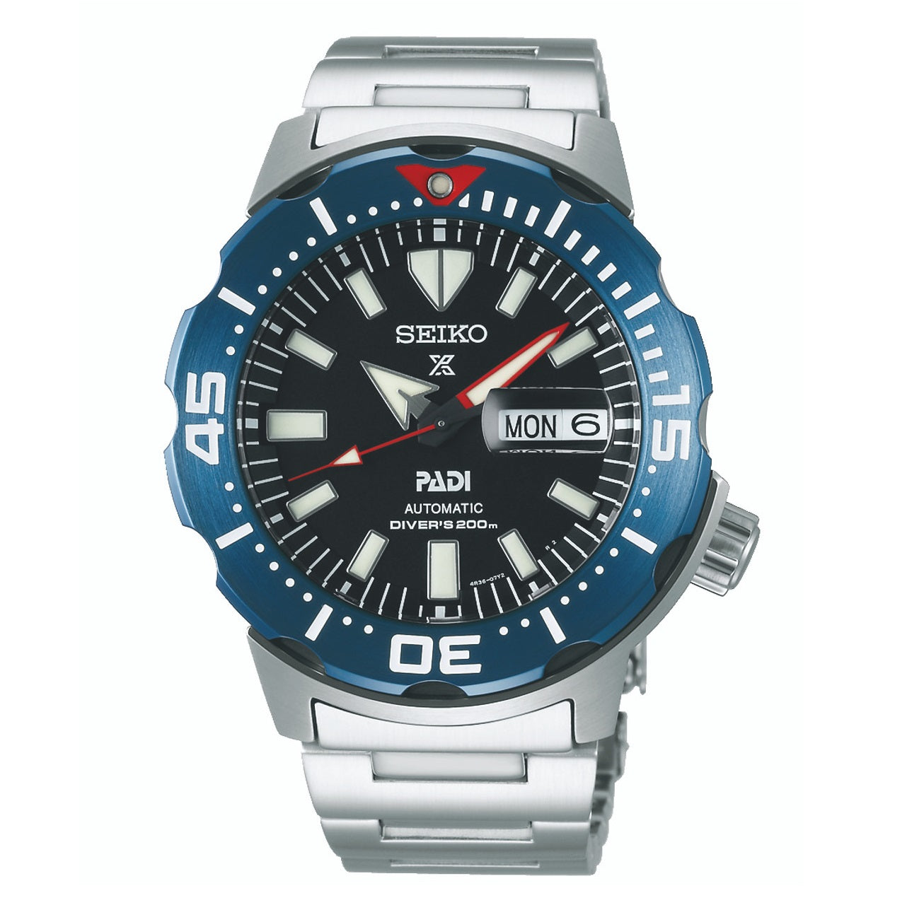 Seiko Gents Prospex PADI Monster Automatic Watch Stainless Steel with Blue Bezel and Black Dial