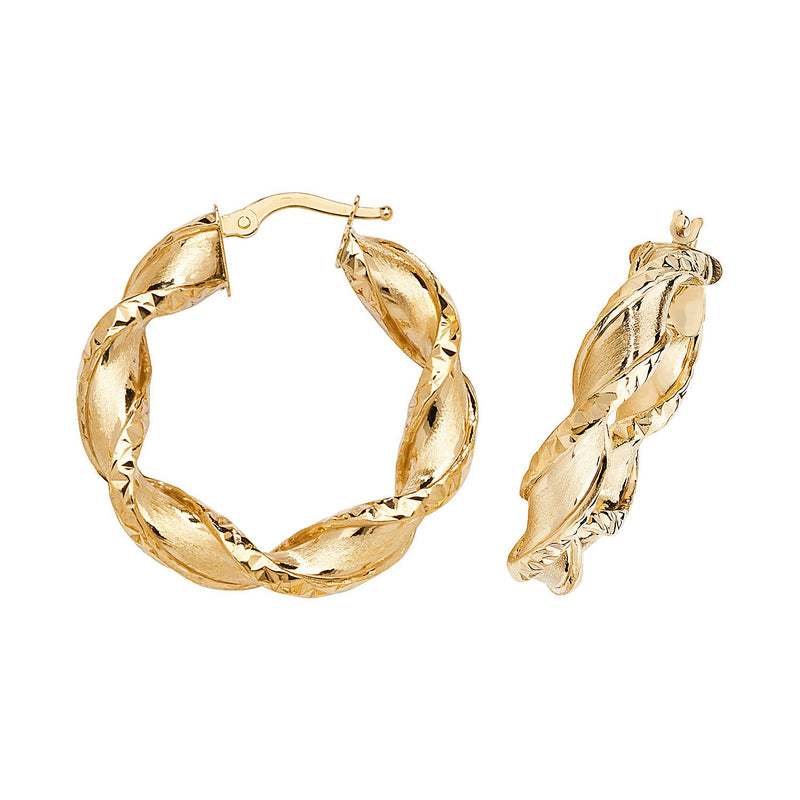 9ct Yellow Gold Twist Diamond Cut Hoop Earrings - 20mm