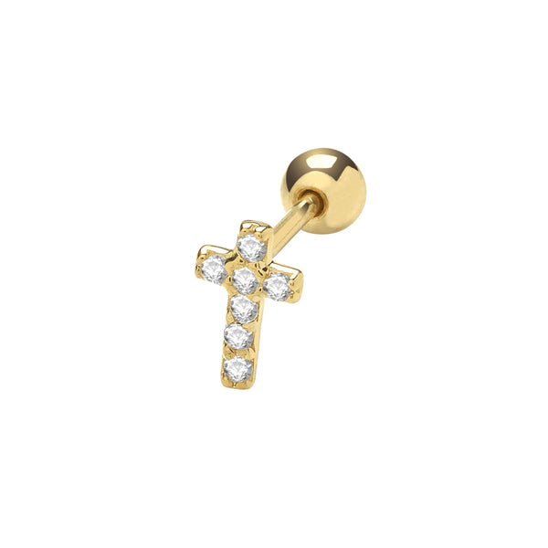 9ct Yellow Gold Cubic Zirconia Single Cross Cartilage Post Stud Earring - 6mm