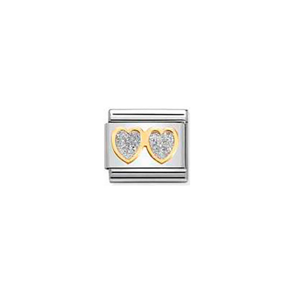 Composable Classic Glitter Symbols in Steel, Enamel and Bonded Yellow Gold - Double Silver Hearts