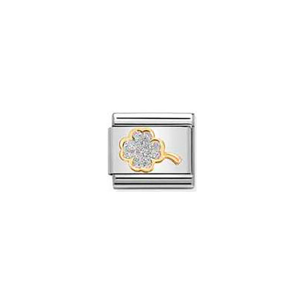 Composable Classic Glitter Symbols in Steel, Enamel and Bonded Yellow Gold - Silver Four-Leaf Clover