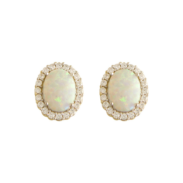 9ct Yellow Gold Oval Opal And CZ Cluster Earrings