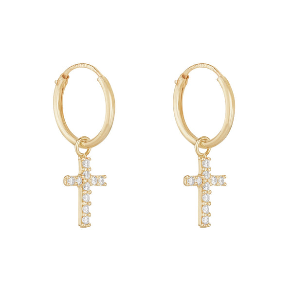 9ct Yellow Gold CZ Cross Hoop Earrings