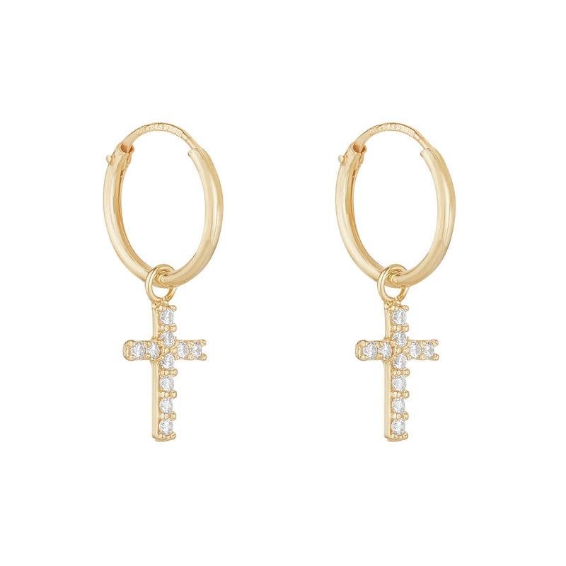 NJO Designs 9ct Yellow Gold CZ Cross Hoop Earrings