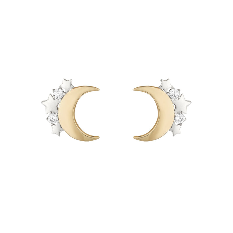 9ct Yellow & White Gold 1/2 Moon, CZ & Stars Stud Earrings