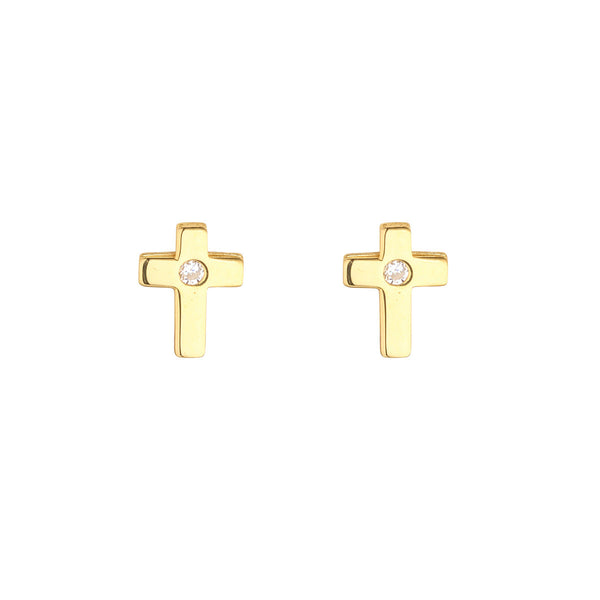 9ct Yellow Gold CZ Center Small Cross Stud Earrings