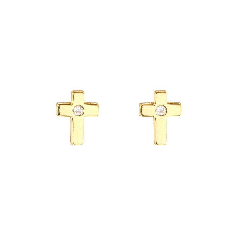 NJO Designs 9ct Yellow Gold CZ Center Small Cross Stud Earrings