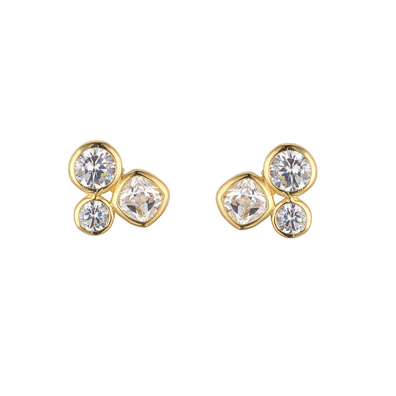 9ct Yellow Gold 3 Stone CZ Rubover Cluster Stud Earrings